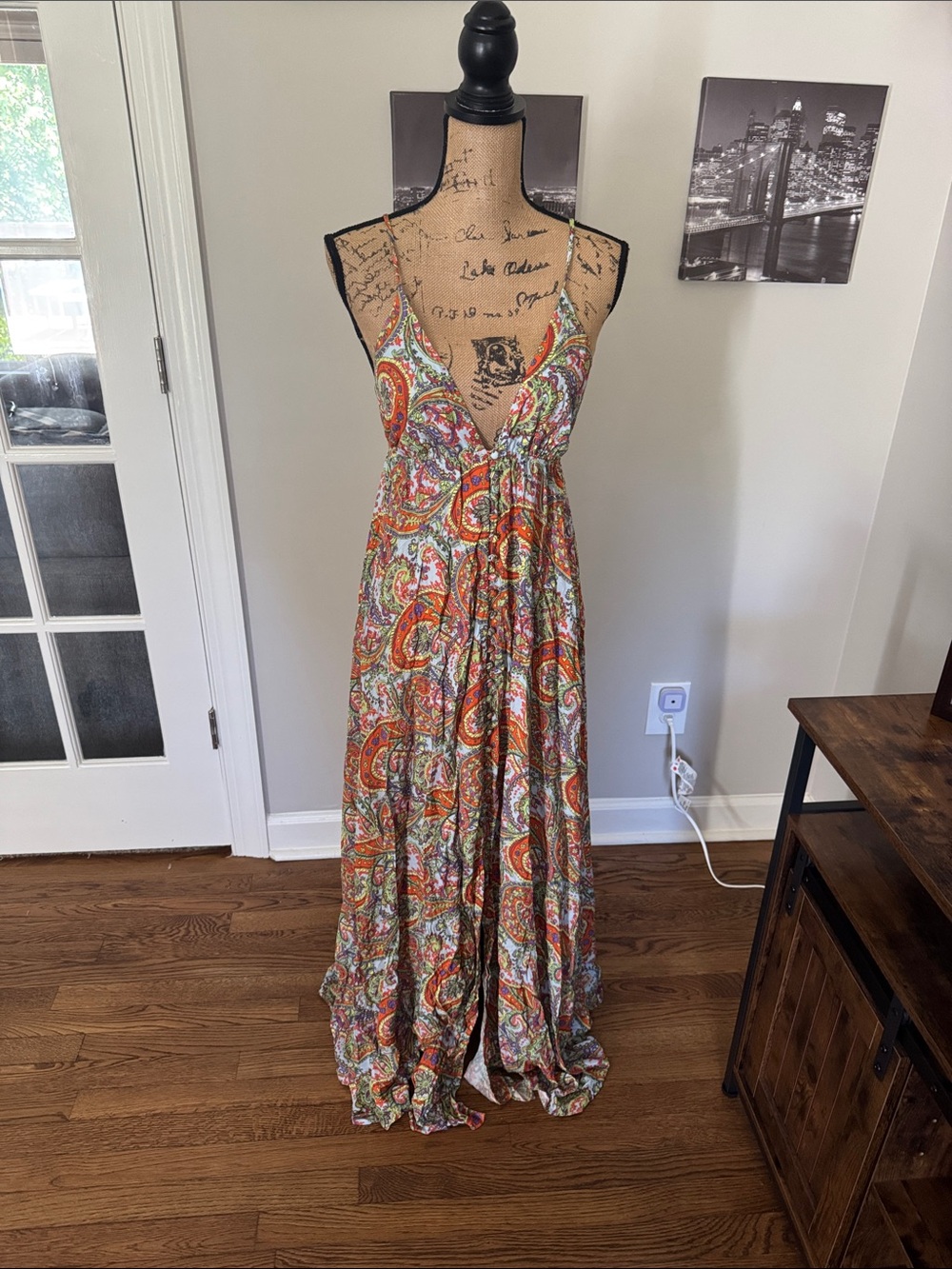 L'AGENCE Orange and Green Paisley V-Neck Maxi Dress